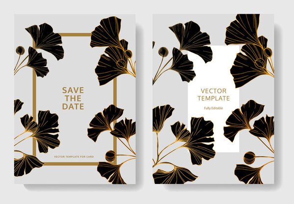 Vector. Black ginkgo leaf. Wedding white background card. Thank you, rsvp, invitation elegant card illustration graphic.