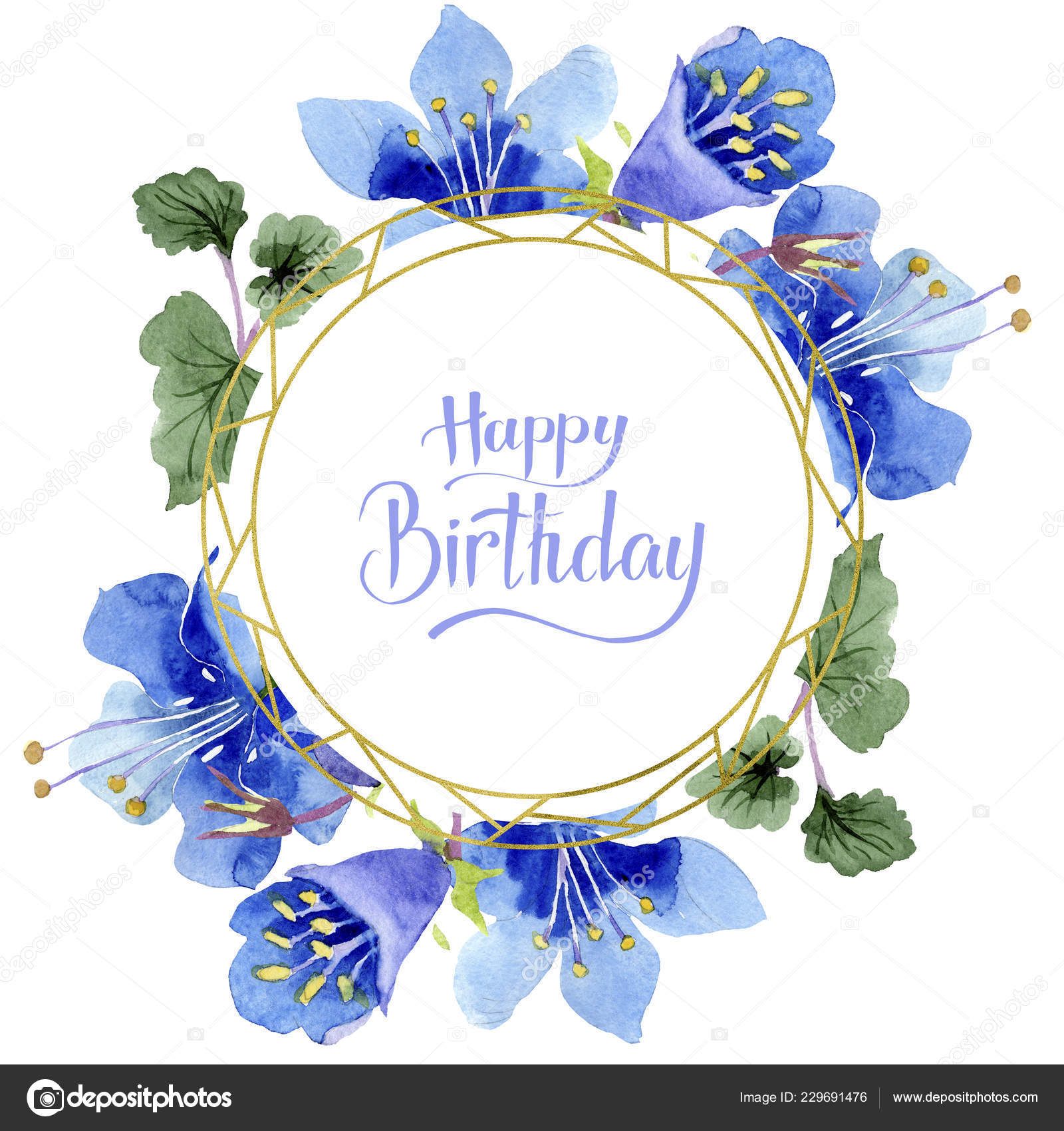 Blue Phacelia Flower Watercolor Background Frame Floral Round Happy Birthday Handwriting Monogram Calligraphy Stock Photo Image By C Mystocks 229691476 https depositphotos com 229691476 stock photo blue phacelia flower watercolor background html