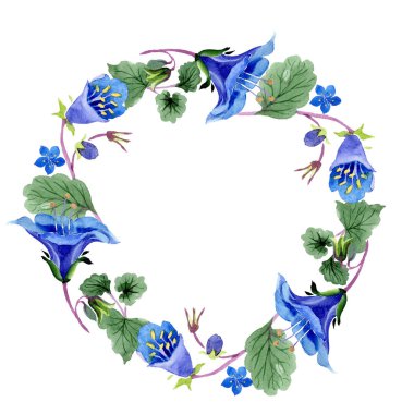 Mavi phacelia çiçek. Yaprak yeşil kır çiçeği. Suluboya arka plan illüstrasyon küme. Çerçeve çiçek çelenk.