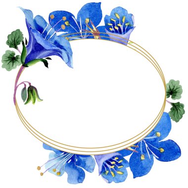 Mavi phacelia çiçek. Yaprak yeşil kır çiçeği. Suluboya arka plan illüstrasyon küme. Çerçeve çiçek yuvarlak.