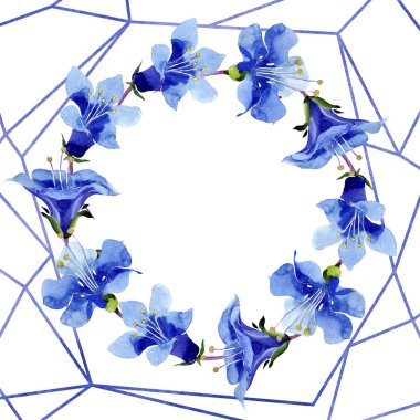 Mavi phacelia çiçek. Suluboya arka plan illüstrasyon küme. Çerçeve çiçek çelenk. Geometrik kristal taş çokyüzlünün.