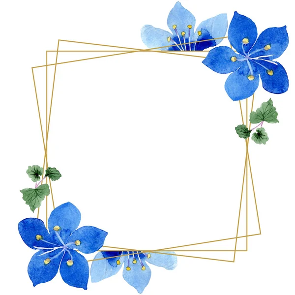 蓝色的仙人掌花。水彩背景。框架金色水晶。几何石材多面体. — 图库照片