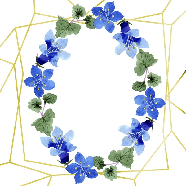 Flor phacelia azul. Conjunto de ilustración de fondo acuarela. Marco floral corona. Piedra geométrica de cristal poliedro . — Foto de Stock