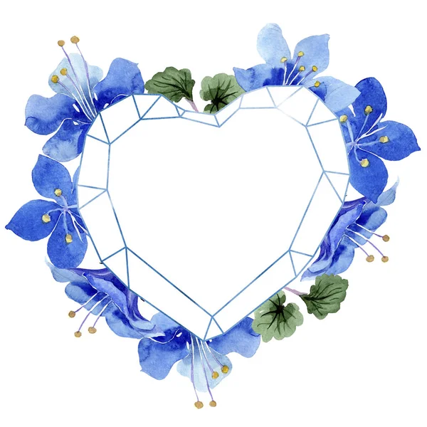 Blauwe phacelia bloem. Aquarel achtergrond. Frame floral hart. Geometrische kristallen stenen veelvlak mozaïek vorm. — Stockfoto