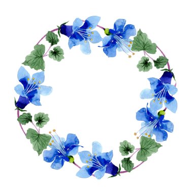 Mavi phacelia çiçek. Yaprak yeşil kır çiçeği. Suluboya arka plan illüstrasyon küme. Çerçeve çiçek çelenk.
