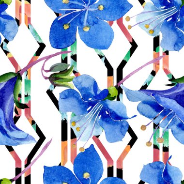 Mavi phacelia çiçek. Suluboya resim kümesi. Sorunsuz arka plan deseni. Kumaş duvar kağıdı yazdırma doku.