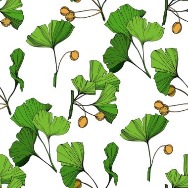 Vektör yeşil ginkgo yaprağı. Oyulmuş mürekkep sanat. Sorunsuz arka plan deseni. Kumaş duvar kağıdı yazdırma doku.