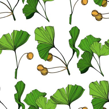 Vektör yeşil ginkgo yaprağı. Oyulmuş mürekkep sanat. Sorunsuz arka plan deseni. Kumaş duvar kağıdı yazdırma doku.