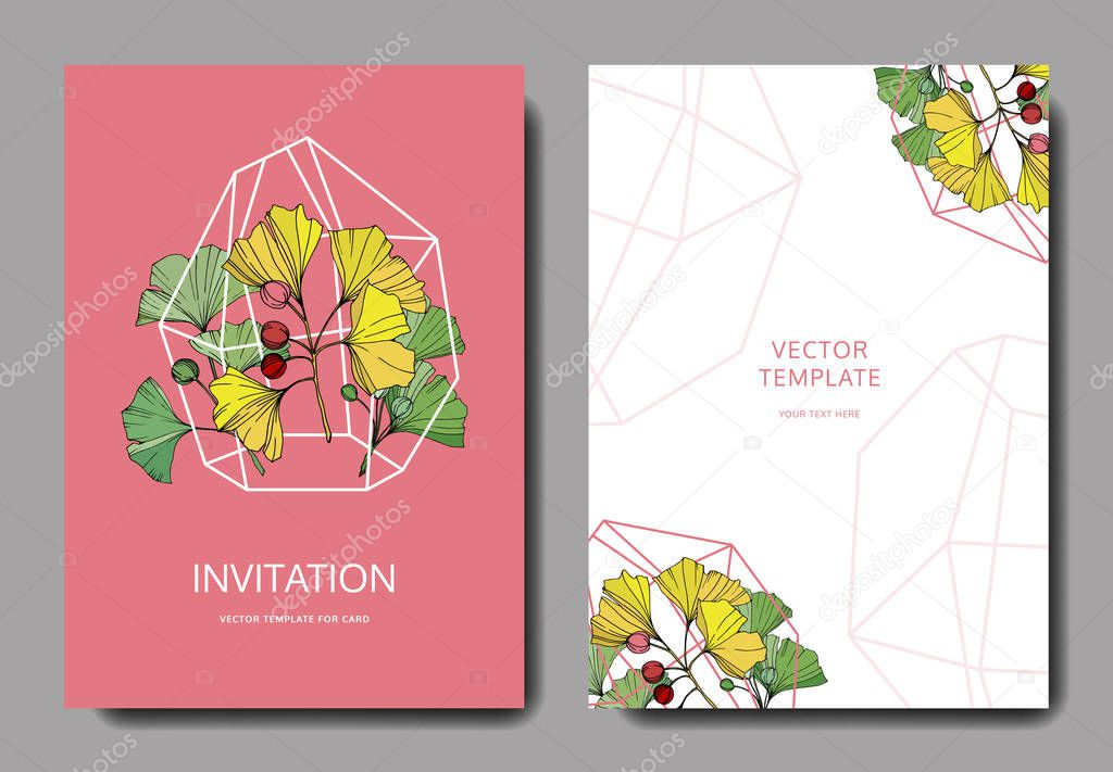 Vector. Ginkgo leaf. Wedding pink background card. Thank you, rsvp, invitation elegant card illustration graphic.