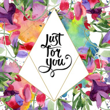 Kırmızı tatlı bezelyem çiçekler. Sadece senin el yazısı monogram hat için. Suluboya arka plan. Çerçeve altın kristal.