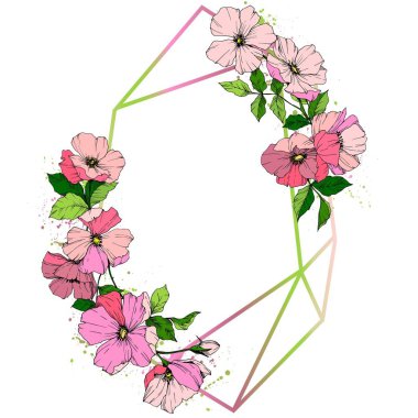 Vektör pembe rosa canina çiçek. Vahşi bahar yaprak izole kır çiçeği. Oyulmuş mürekkep sanat. Çerçeve kenarlığı süsleme Meydanı.