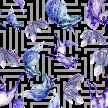 Şirin tek boynuzlu at. Sulu boya resim. Suluboya resim çizme. Sorunsuz arka plan deseni. Kumaş duvar kağıdı yazdırma doku.