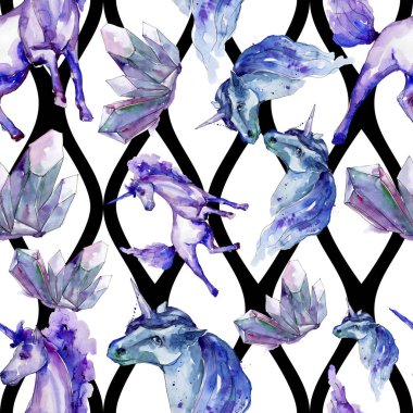 Şirin tek boynuzlu at. Sulu boya resim. Suluboya resim çizme. Sorunsuz arka plan deseni. Kumaş duvar kağıdı yazdırma doku.