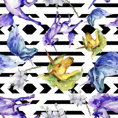 Şirin tek boynuzlu at. Sulu boya resim. Suluboya resim çizme. Sorunsuz arka plan deseni. Kumaş duvar kağıdı yazdırma doku.