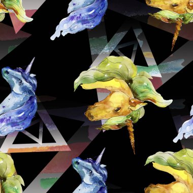 Şirin tek boynuzlu at. Sulu boya resim. Suluboya resim çizme. Sorunsuz arka plan deseni. Kumaş duvar kağıdı yazdırma doku.