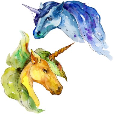 Şirin tek boynuzlu at. Suluboya arka plan illüstrasyon küme. Suluboya çizim moda aquarelle izole.