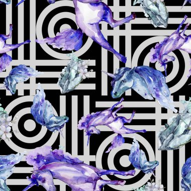 Şirin tek boynuzlu at. Sulu boya resim. Suluboya resim çizme. Sorunsuz arka plan deseni. Kumaş duvar kağıdı yazdırma doku.