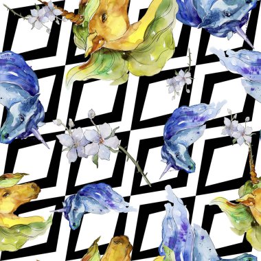 Şirin tek boynuzlu at. Sulu boya resim. Suluboya resim çizme. Sorunsuz arka plan deseni. Kumaş duvar kağıdı yazdırma doku.