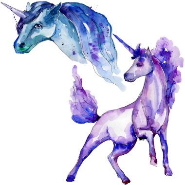 Şirin tek boynuzlu at. Suluboya arka plan illüstrasyon küme. Suluboya çizim moda aquarelle izole.