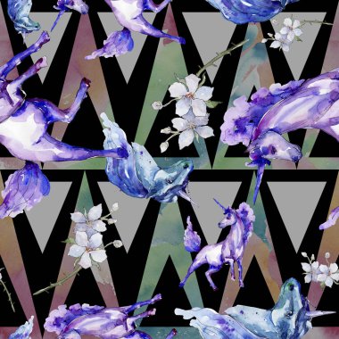 Şirin tek boynuzlu at. Sulu boya resim. Suluboya resim çizme. Sorunsuz arka plan deseni. Kumaş duvar kağıdı yazdırma doku.