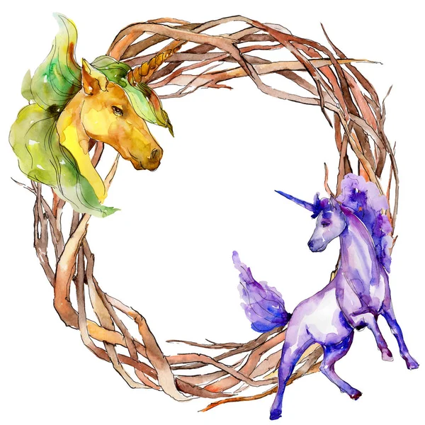 Schattig unicorn paard. Aquarel achtergrond afbeelding instellen. Aquarel frame grens ornament vierkant. — Stockfoto