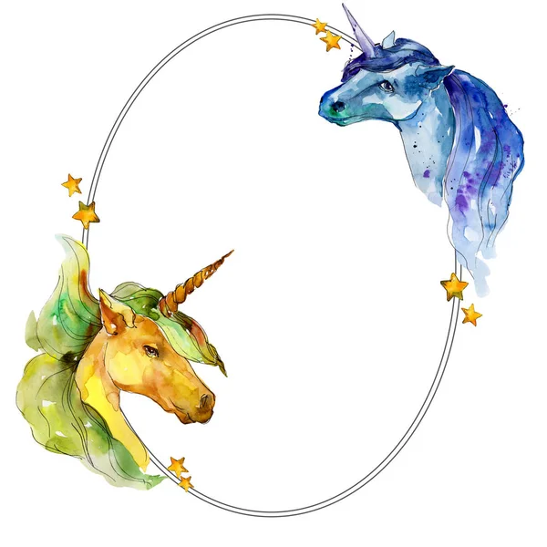 Schattig unicorn paard. Aquarel achtergrond afbeelding instellen. Aquarel frame grens ornament vierkant. — Stockfoto