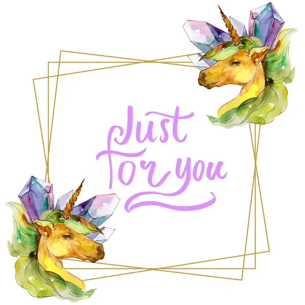 Unicorn. Watercolor background illustration set. Watercolour frame border ornament square. Just for you handwriting.