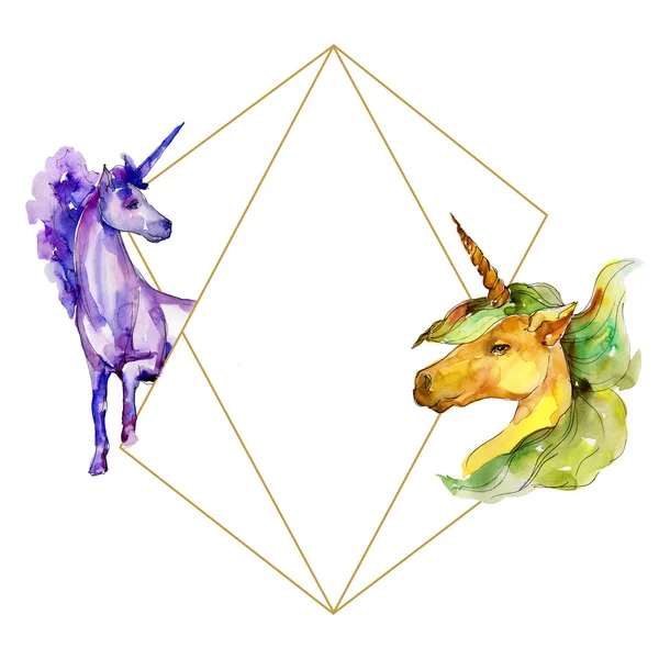 Cute unicorn horse. Watercolor background illustration set. Watercolour frame border ornament square.