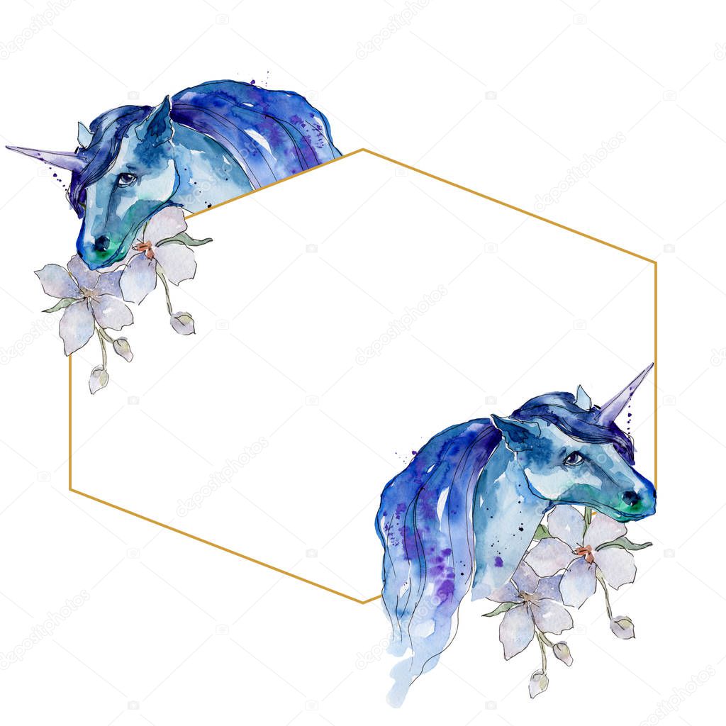 Cute unicorn horse. Watercolor background illustration set. Watercolour frame border ornament square.