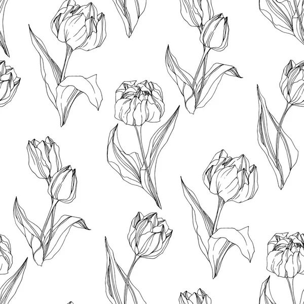 Vetor Tulipa gravada arte da tinta. Floral flor botânica. Padrão de fundo sem costura. Tecido papel de parede impressão textura . — Vetor de Stock