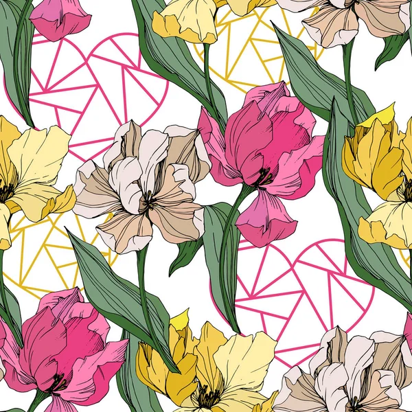 벡터 튤립 잉크 아트를 새겨져 있다. 꽃 식물 꽃입니다. 원활한 배경 패턴입니다. 패브릭 벽지 인쇄 질감. — 스톡 벡터