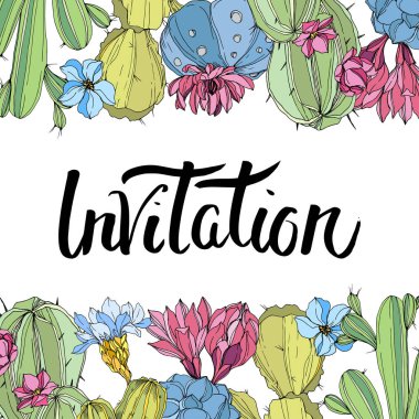 Vektör kaktüsler çiçek. Oyulmuş mürekkep sanat. Çerçeve kenarlığı süsleme Meydanı. Davet yazısı monogram hat.