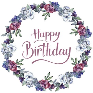 Buket çiçek. Suluboya arka plan. Suluboya çerçeve kenarlığı süsleme Meydanı. Mutlu Doğum günü el yazısı hat.