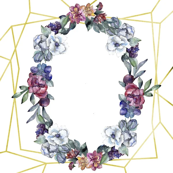 Floral μπουκέτο λουλουδιών. Ακουαρέλα φόντο εικόνα σύνολο. Ακουαρέλα σχεδίασης. Πλαίσιο συνόρων στολίδι τετράγωνο. — Φωτογραφία Αρχείου