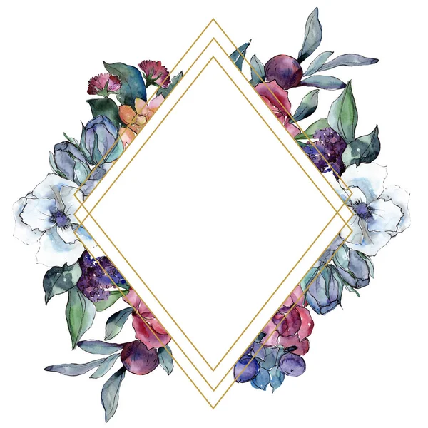 Bouquet floral flower. Watercolor background illustration set. Watercolour drawing. Frame border ornament square. — Stock Photo, Image