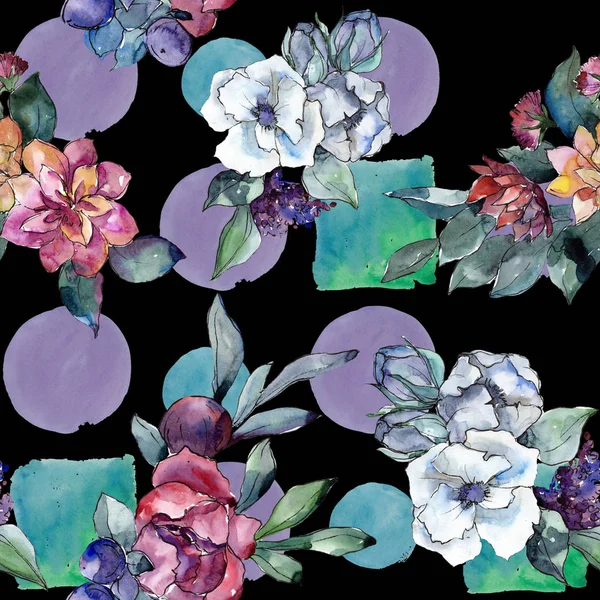 花のお花の花束です。水彩イラスト。水彩のシームレスな背景パターン。壁紙印刷手触りの生地. — ストック写真
