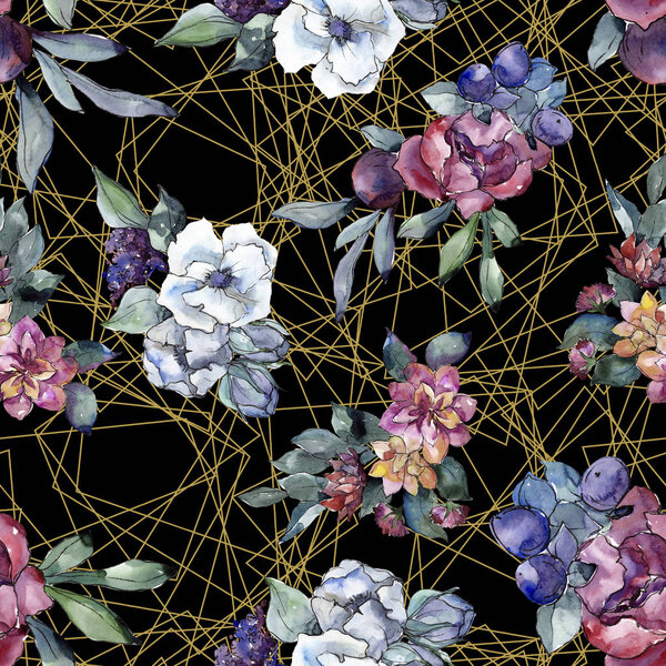 Bouquet floral flower. Watercolor illustration. Watercolour seamless background pattern. Fabric wallpaper print texture.