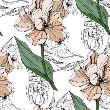 Vektör Tulip mürekkep sanat kazınmış. Botanik çiçek. Sorunsuz arka plan deseni. Kumaş duvar kağıdı yazdırma doku.