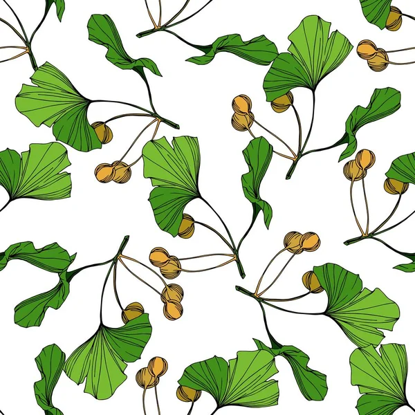 Hoja de ginkgo verde del vector. Arte de tinta grabada. Patrón de fondo sin costuras. Textura de impresión de papel pintado de tela . — Vector de stock