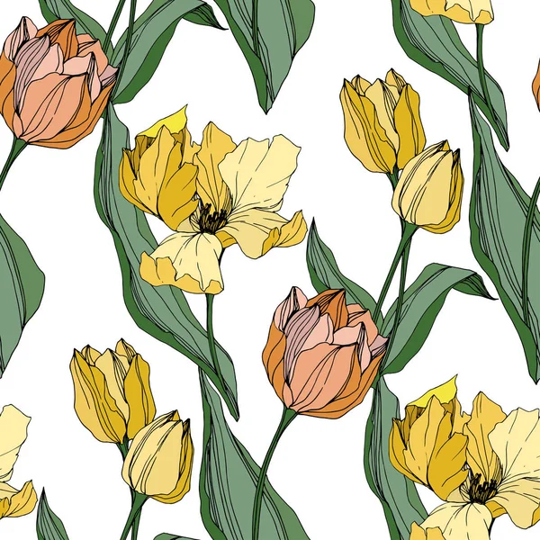 Vektör Tulip mürekkep sanat kazınmış. Botanik çiçek. Sorunsuz arka plan deseni. Kumaş duvar kağıdı yazdırma doku.
