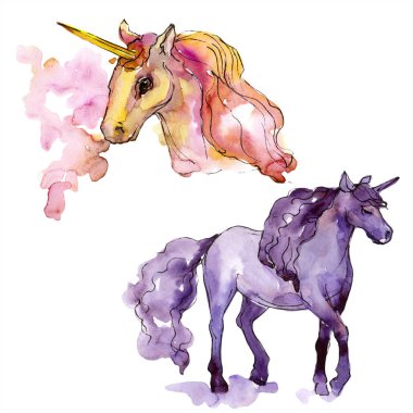 Şirin tek boynuzlu at. Suluboya arka plan illüstrasyon küme. Suluboya izole tek boynuzlu at illüstrasyon öğe çizim.