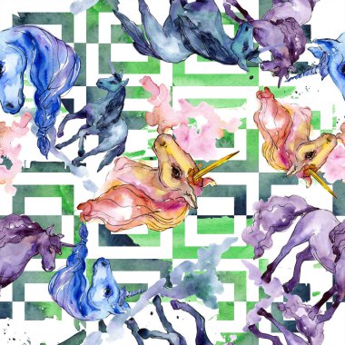 Şirin tek boynuzlu at. Suluboya resim kümesi. Suluboya sorunsuz arka plan deseni. Kumaş duvar kağıdı yazdırma doku.