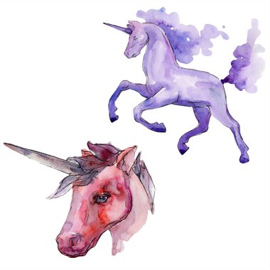 İzole şirin tek boynuzlu at. Suluboya arka plan ayarlamak. Suluboya çizim aquarelle. İzole tek boynuzlu at illüstrasyon öğesi.