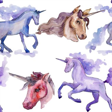 Şirin tek boynuzlu at suluboya resim. Suluboya izole sorunsuz arka plan deseni. Kumaş duvar kağıdı yazdırma doku.