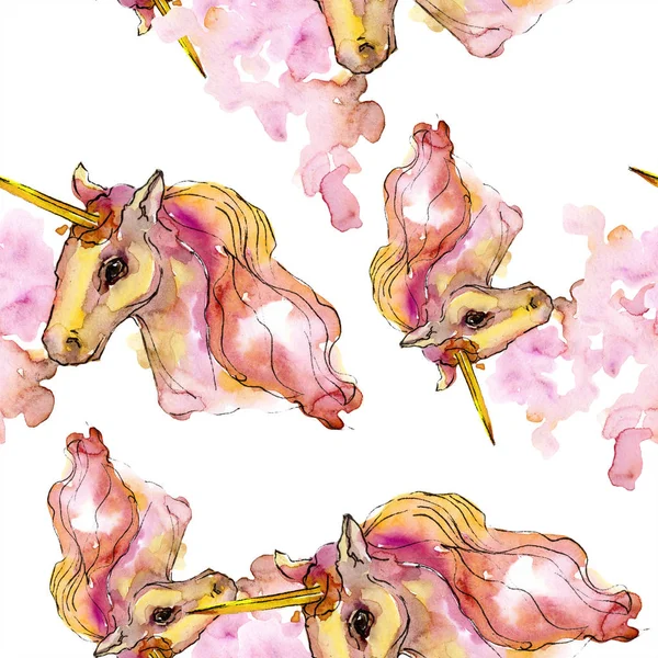 Lindo unicornio. Juego de ilustración en acuarela. Patrón de fondo sin costuras de acuarela. Textura de impresión de papel pintado de tela . — Foto de Stock