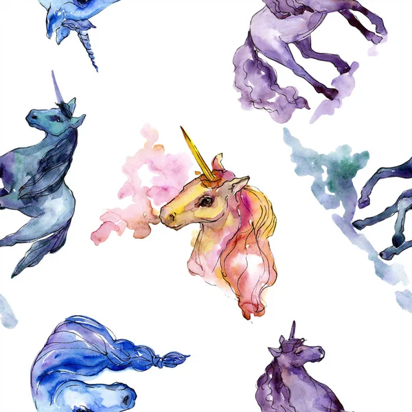 Lindo unicornio. Juego de ilustración en acuarela. Patrón de fondo sin costuras de acuarela. Textura de impresión de papel pintado de tela . — Foto de Stock