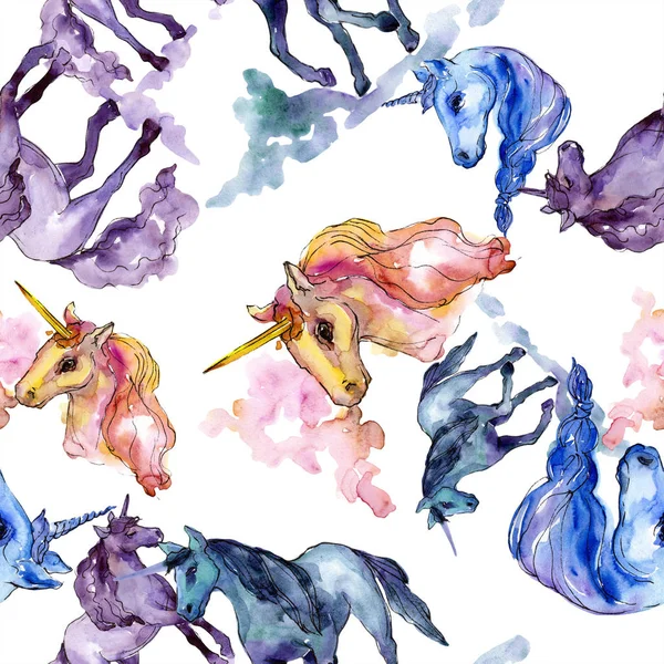 Cute unicorn. Watercolor illustration set. Watercolour seamless background pattern. Fabric wallpaper print texture. — Stock Photo, Image