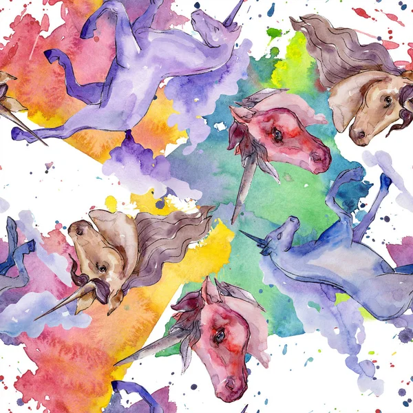 Cute unicorn watercolor illustration. Watercolour isolated seamless background pattern. Fabric wallpaper print texture.