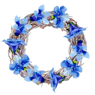 Mavi phacelia çiçek. Yaprak yeşil kır çiçeği. Suluboya arka plan illüstrasyon küme. Çerçeve çiçek çelenk.