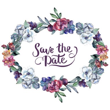 Buket çiçek. Suluboya arka plan. Suluboya kare kare. Tarihi el yazısı monogram hat kaydetmek.